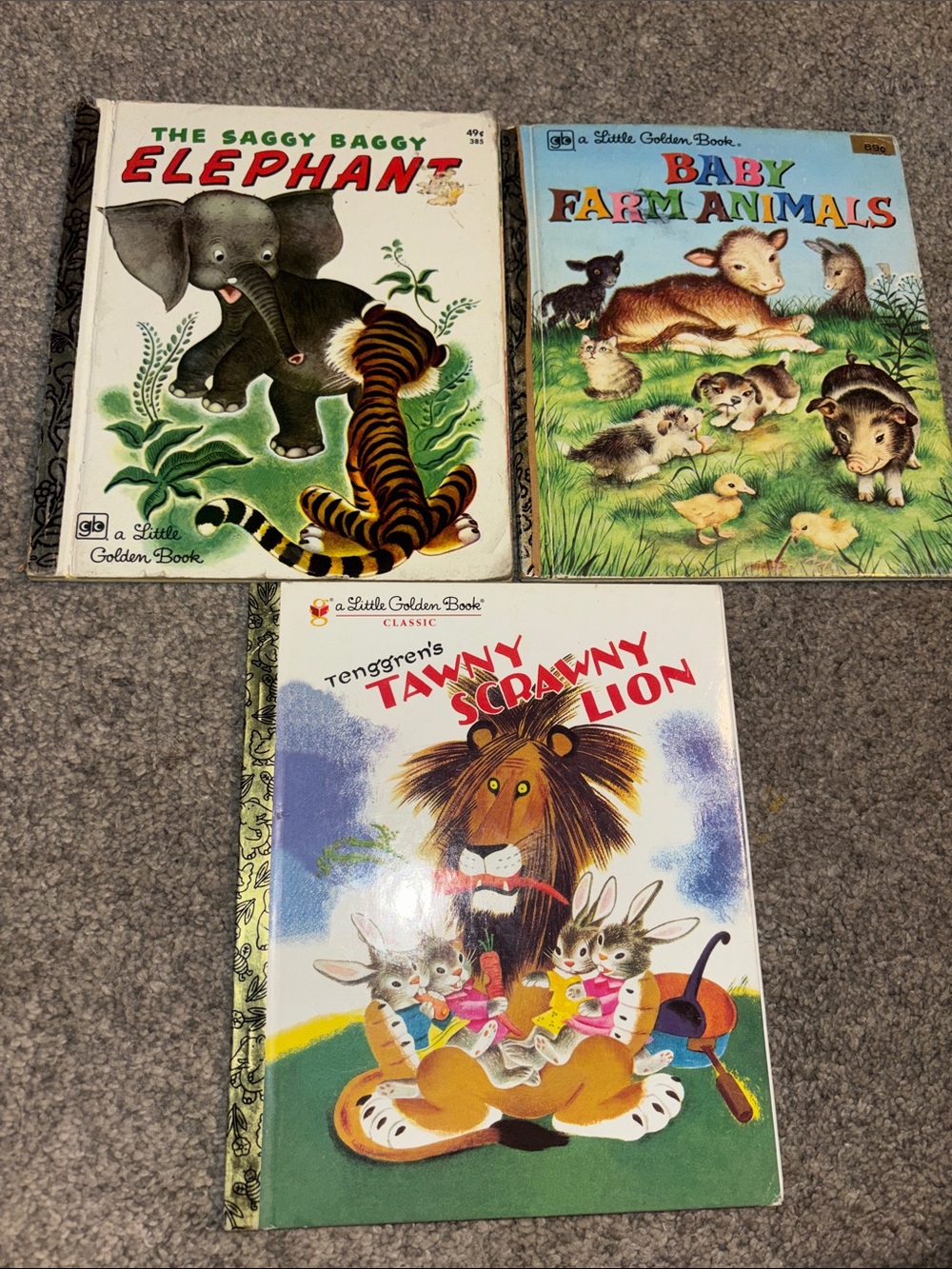 3 books-Tawny Scrawny Lion, The saggy elephant & baby farm animals A golden book